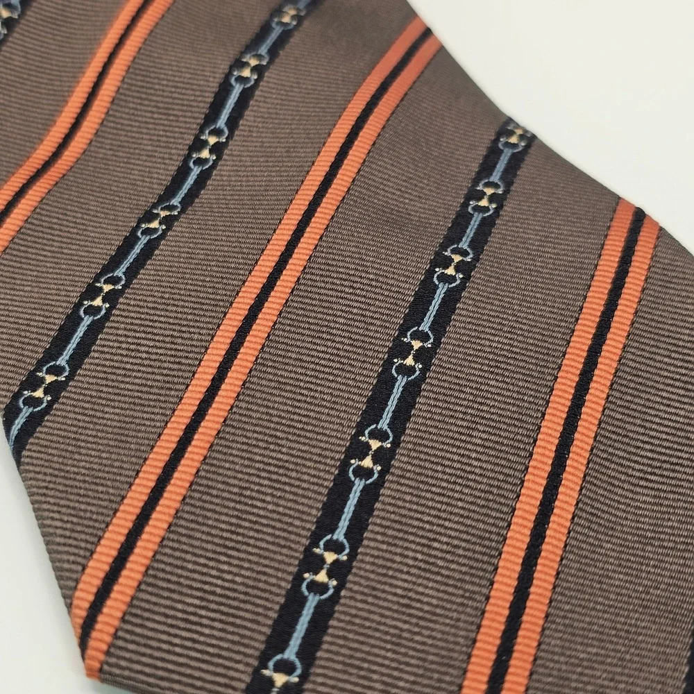 Gucci Horsebit Silk Tie Brown Orange Textured Stripe Equestrian Luxury Designer